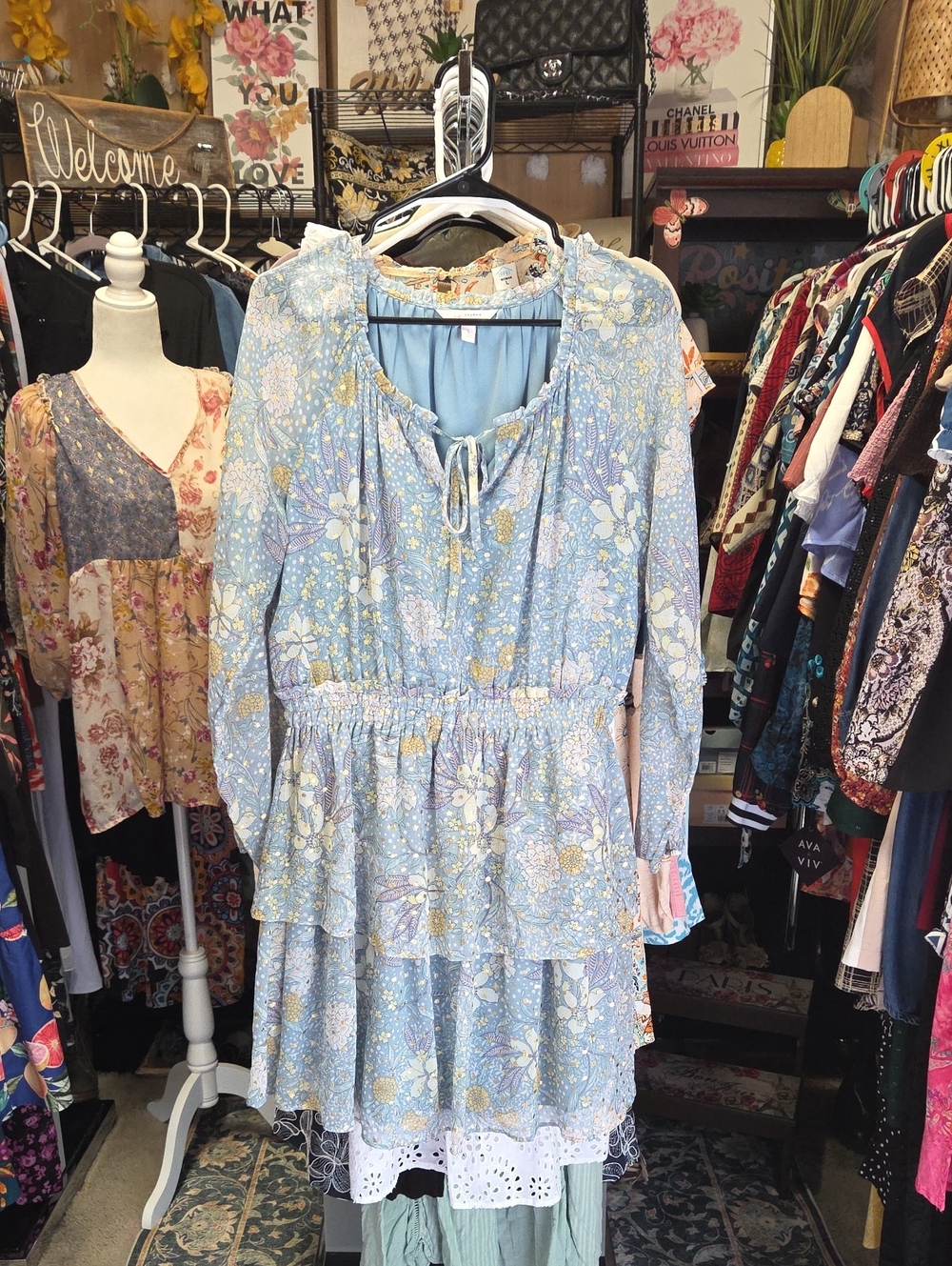 LC Lauren Conrad Light Blue Floral Tiered Long-Sleeve Dress